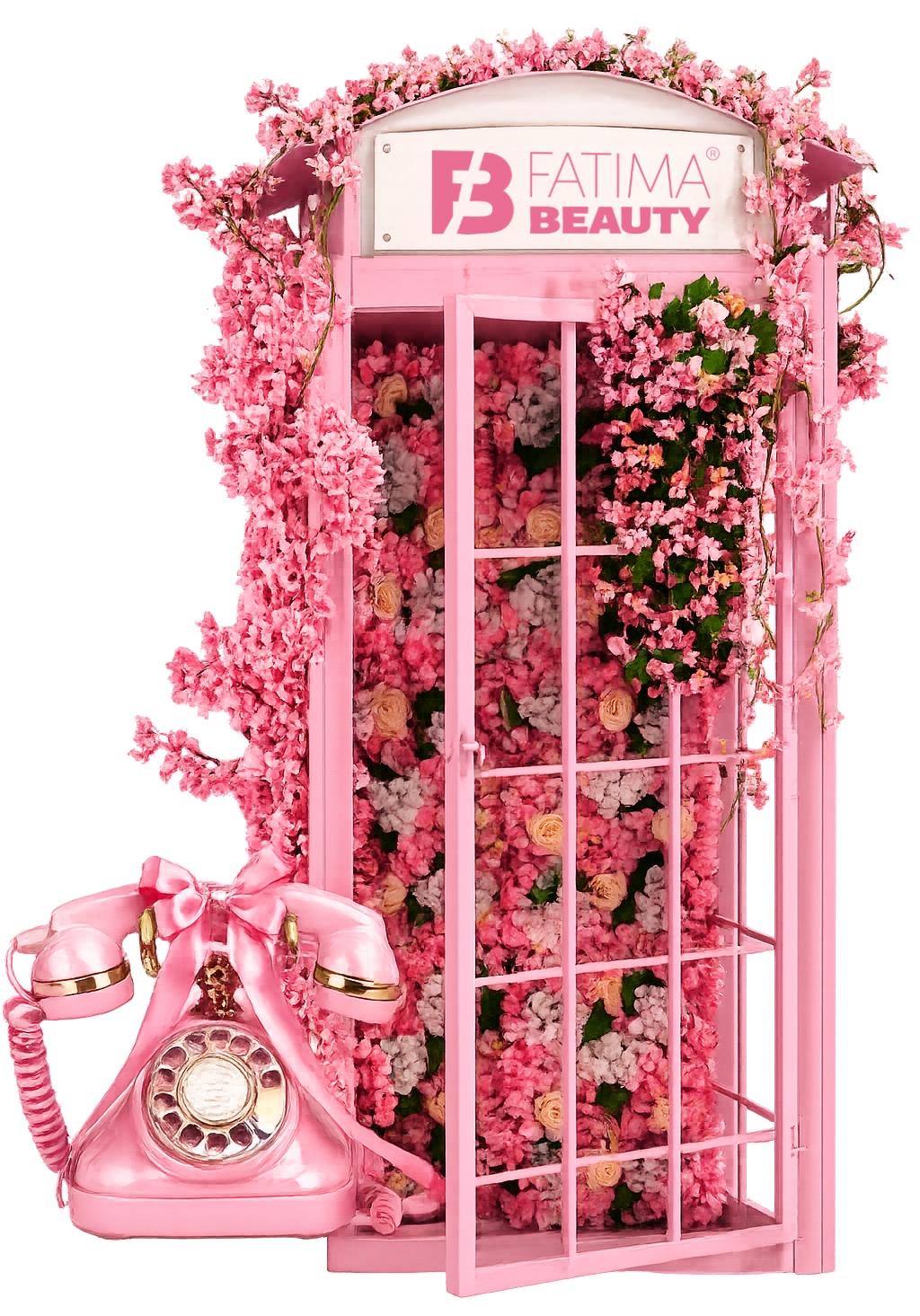 Ikonische geschmückte Telefonzelle bei Fatima Beauty in Berlin