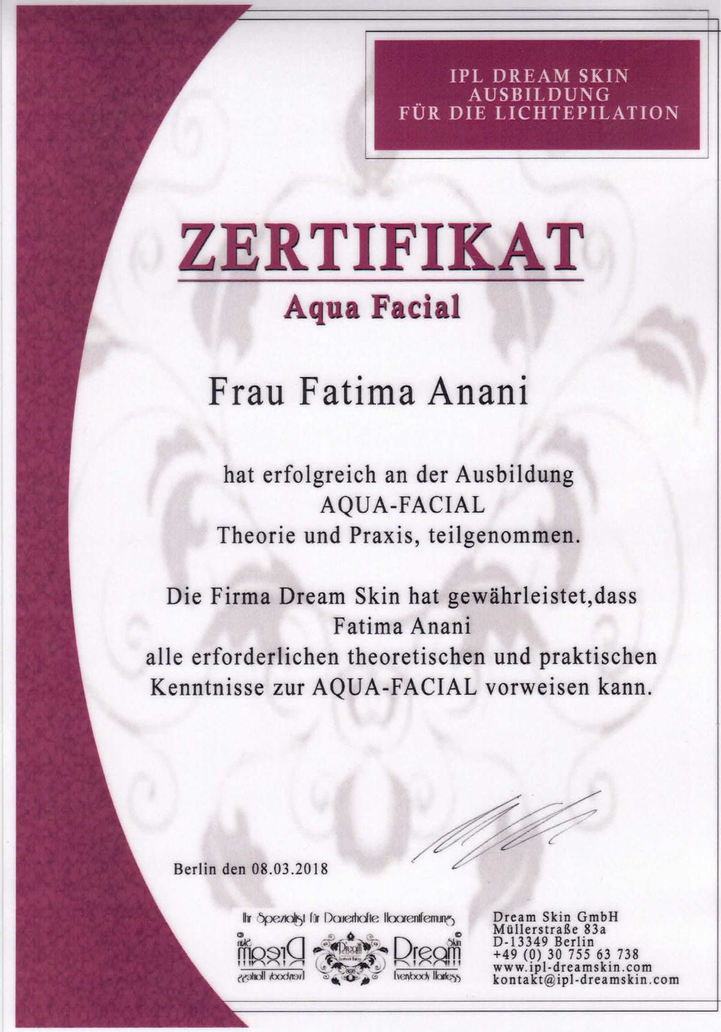 Zertifikat Aquafacial Fatima Anani von IPL Dream Skin