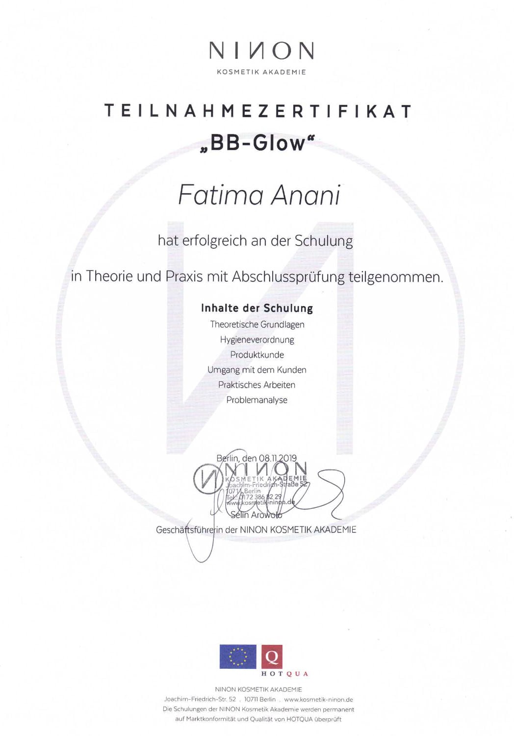 Zertifikat BB Glow von Ninon Kosmetik Akademie für Fatima Anani