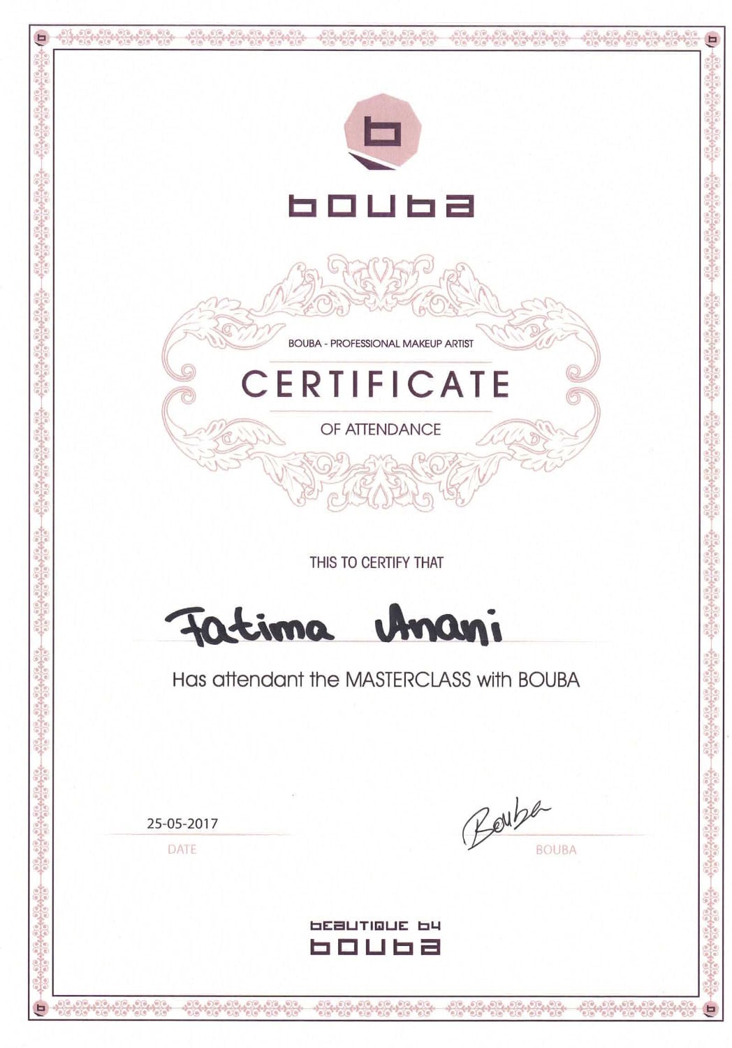 Zertifikat Masterclass von Bouba für Fatima Anani