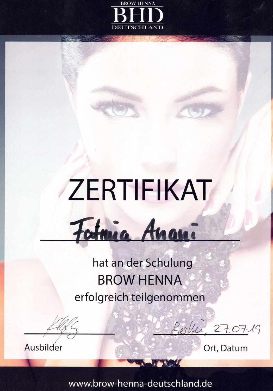 Zertifikat Brow Henna für Fatima Anani von BHD