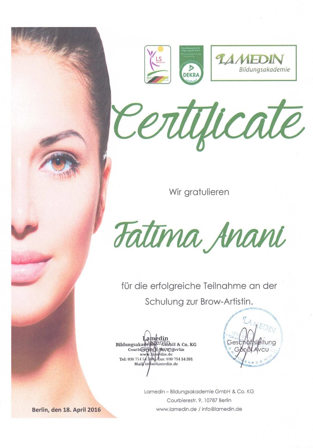 Zertifikat Brow Artistin für Fatima Anani von Lamedin