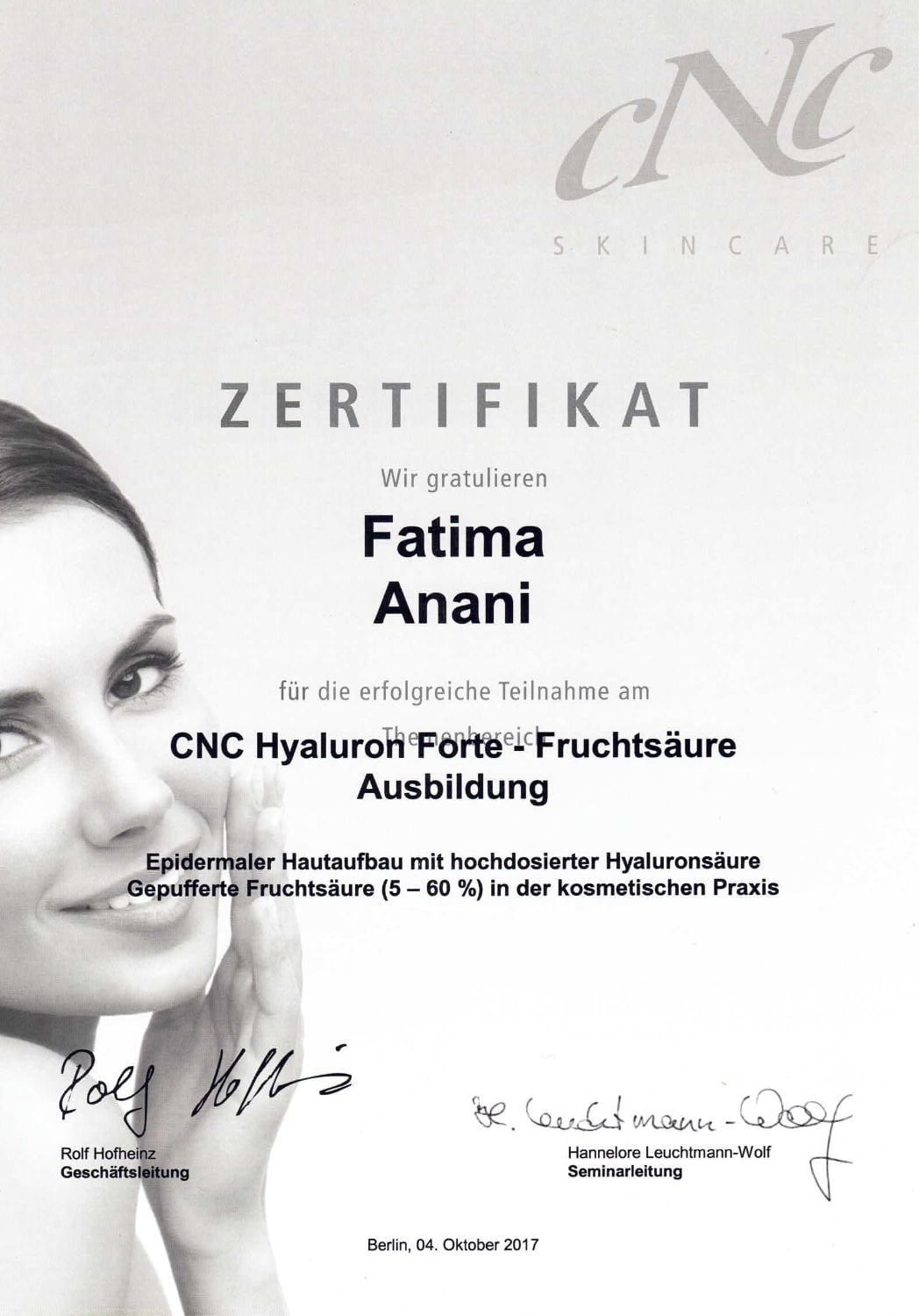 Zertifikat Hyaluron Forte - Fruchtsäure Ausbildung von CNC