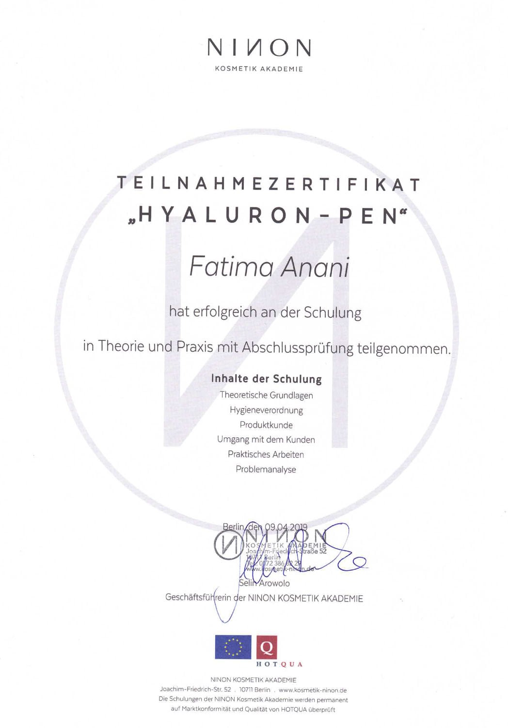 Zertifikat Hyaluron Pen von Ninon für Fatima Anani