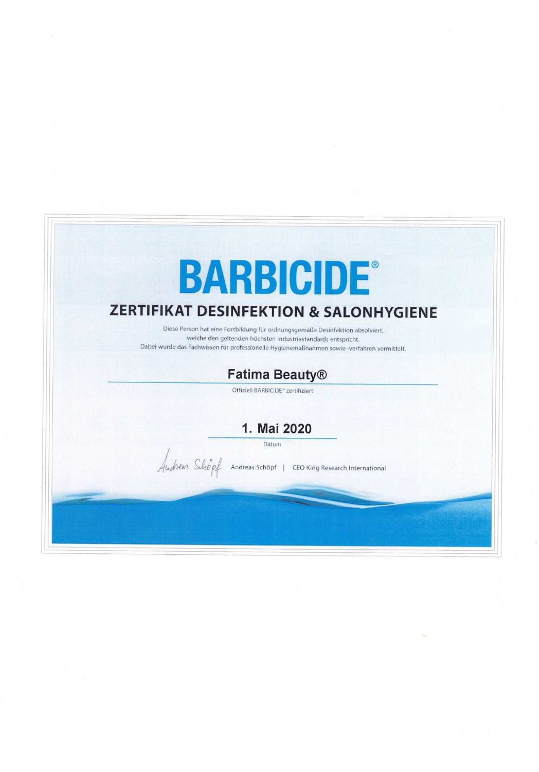 Zertifikat Desinfektion und Salon-Hygiene von Barbicide