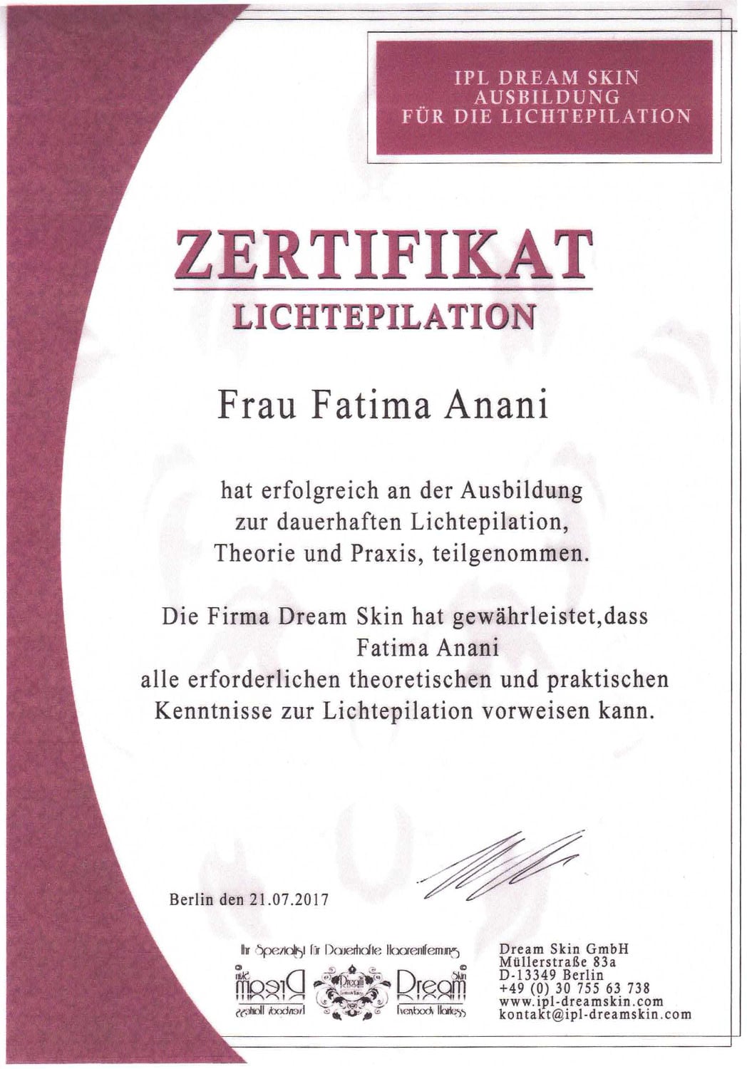 Zertifikat IPL Lichtepilation für Fatima Anani von IPL
