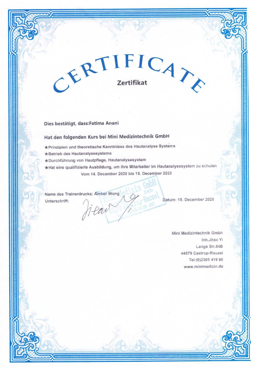 Zertifikat Medizintechnik Hautanalyse für Fatima Anani