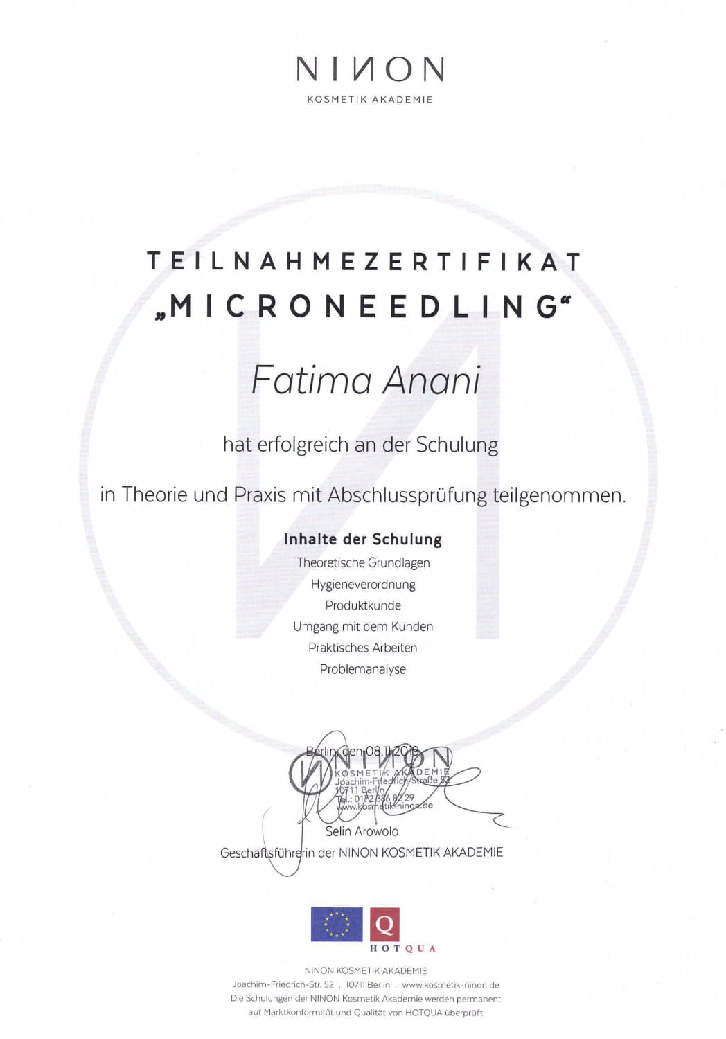 Zertifikat Micro Needling Schulung von Ninon für Fatima Anani