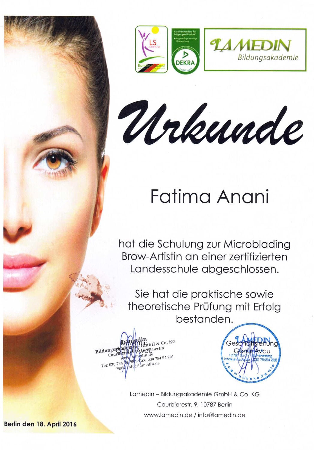 Zertifikat Microblading Brow Artist für Fatima Anani von Lamedin