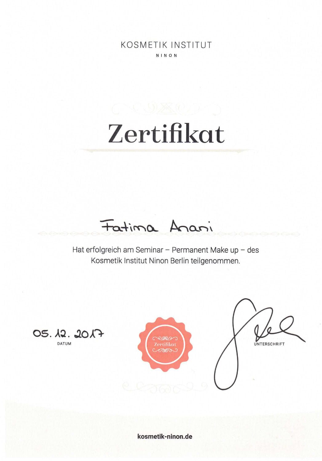 Zertifikat Permanent Makeup von Kosmetik Institut für Fatima Anani