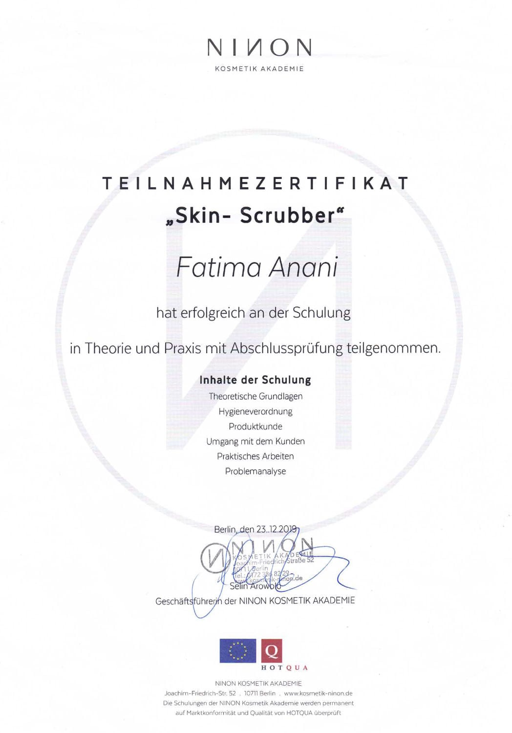 Zertifikat Skin Scrubber Schule von Ninon für Fatima Anani
