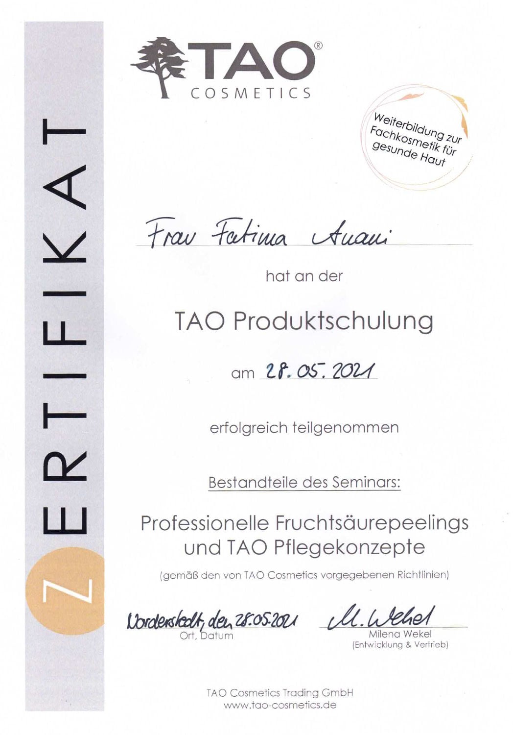Zertifikat TAO Produktschulung für Fatima Anani