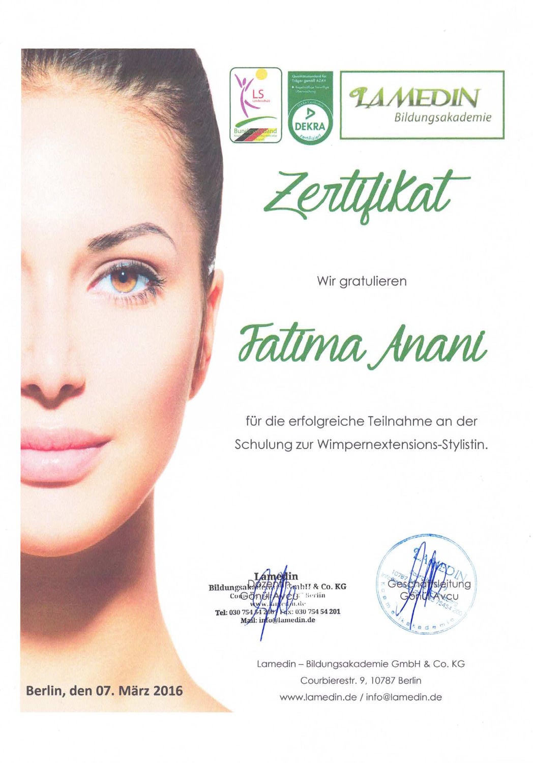 Zertifikat Wimpernextension Stylisting für Fatima Anani von Lamedin
